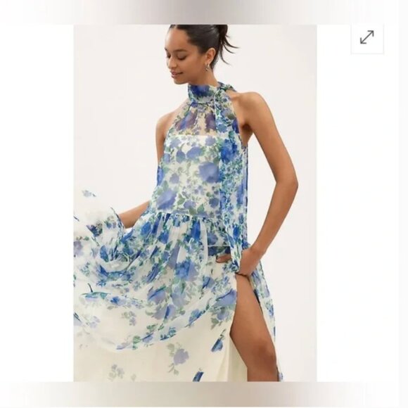 Anthropologie BHLDN Kendall High-Neck Scarf Floral Organza Maxi Dress size S - Picture 4 of 15
